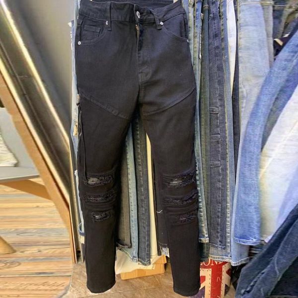 

men's jeans japanese korean men fall winter slim fit denim pants trend hole casual black motorcycle ripped for stacked, Blue