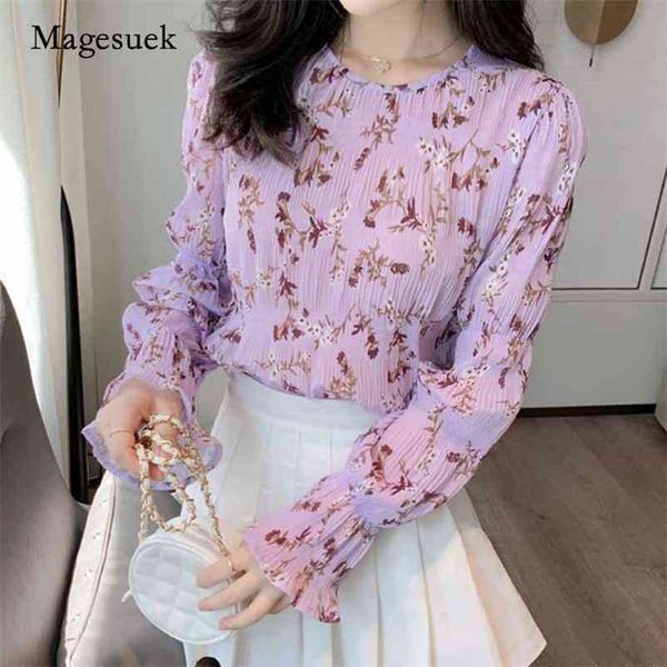 

autumn french floral sweet chiffon women's blouse fashion flare sleeve fairy o-neck long print shirts blusas 10847 210518, White
