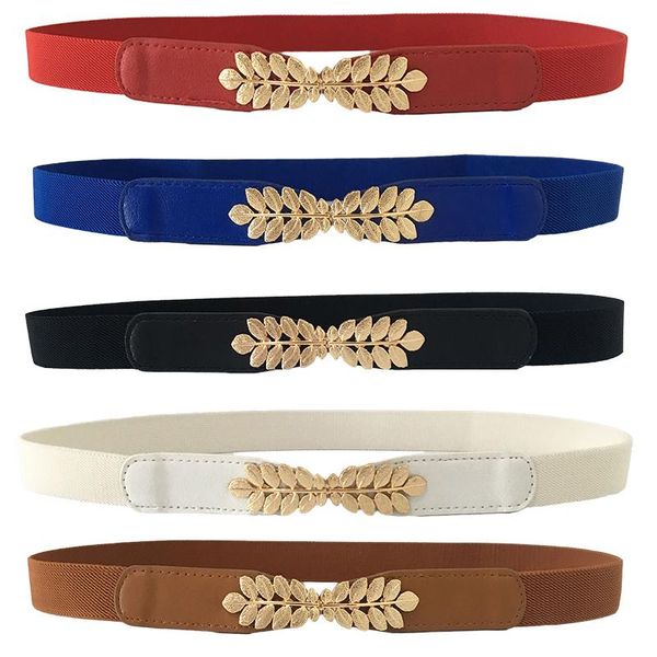 

thin waist belt alloy leaves buckle high elastic band casual leaf stretch wild fashion dress waistband 1pcs women belts, Black;brown