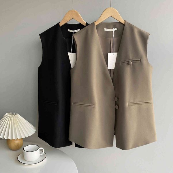 

mooirue spring elegant women suit vest two button solid color black khaki v neck sleeveless outwear coat ai5b, Black;white