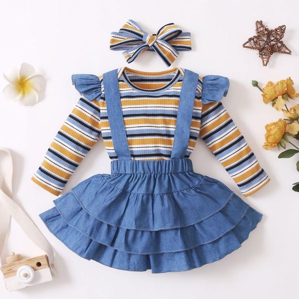 

clothing sets telotuny 2021 infant baby girl striped printed romper bodysuit+ruffle suspender skirts+headbands outfits 3m-18m, White