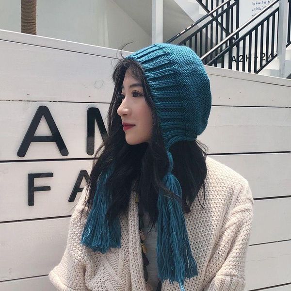 

beanies foux women autumn winter spring belt tassels cute earflaps colourful keep warm pure color korea japanese style 2021