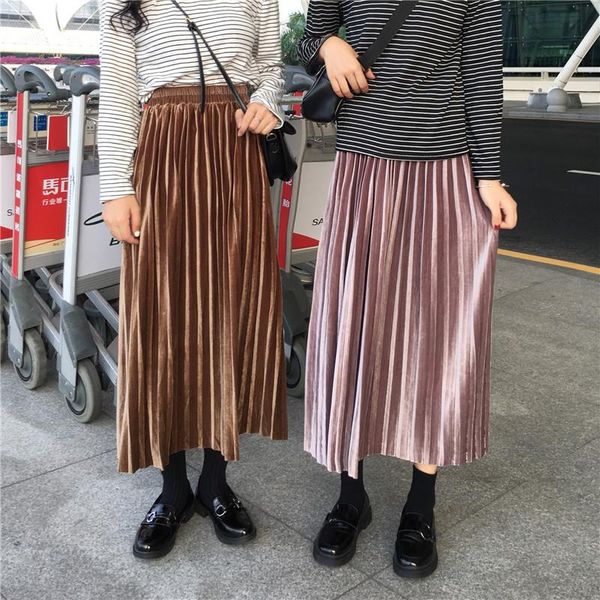

skirts solid color pleuche pleated women fashion preppy style autumn winter elastic high waist a-line saia femme chic long skirt, Black