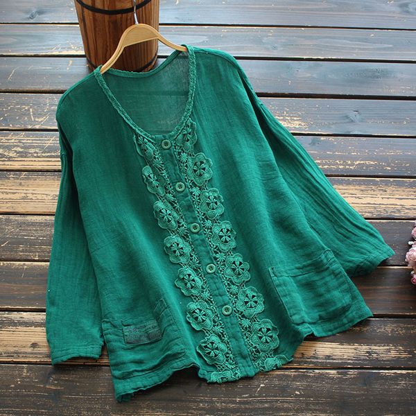 

women's blouses & shirts lamtrip retro lace flowers stitch soft cotton yarn long sleeve single breated shirt blouse 2021 summer uf, White