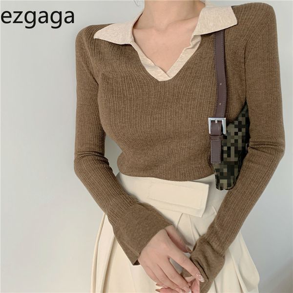 

ezgaga knitted women fashion autumn winter turn-down collar inside contrast long sleeve sweater pullover elegant jumper 210430, White;black