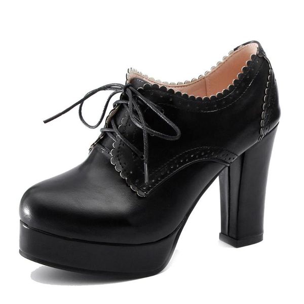 

dress shoes bonjomarisa elegant lady platform solid spring pumps lace up brogue high heels women 2021 casual party woman, Black