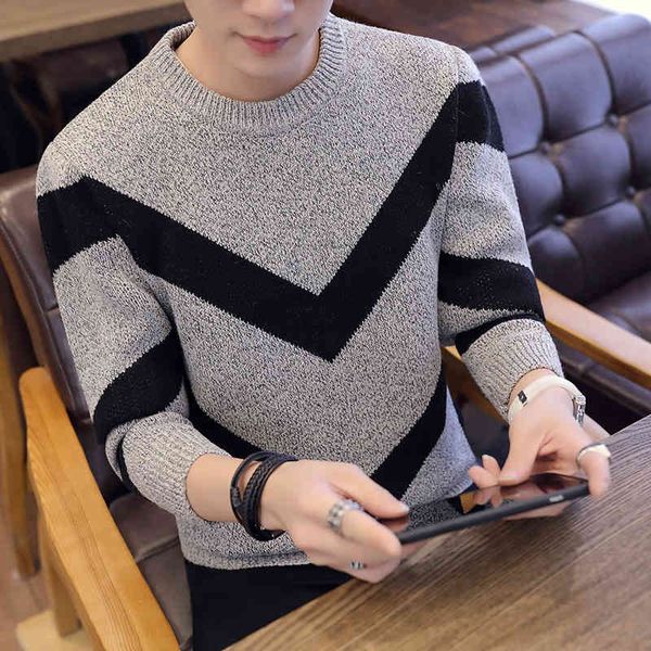 

mens 2021 autumn men long sve pullovers outwear fashion check print round neck slim fit knit sweater top, Black