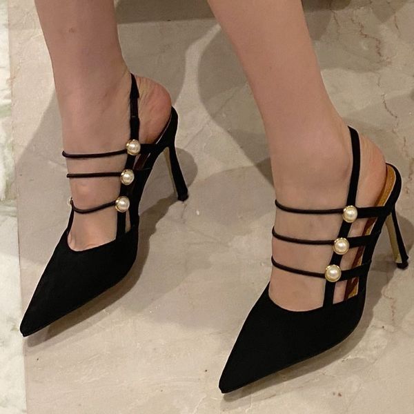 

sandals est design high heels baotou high pearl shallow mouth pointed toe stiletto shoes black single women party dm45