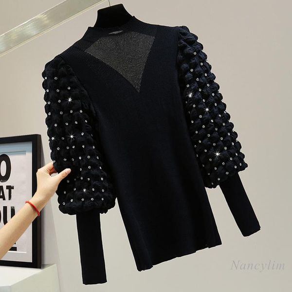 

women's sweaters stretch sweater women exquisite rhinestone long sleeves outerwear 2021 autumn winter korean style slim fit puff sleeve, White;black