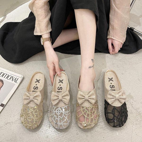 

slippers flat shoes female loafers cover toe womens outdoor slides pantofle summer 2021 basic fretwork fabric cotton s, Black