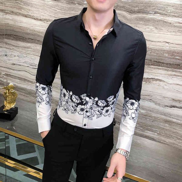 

men's casual shirts long sleeve for men of fashion thin color trim digial fit male shirt print streetwear 3b3r, White;black