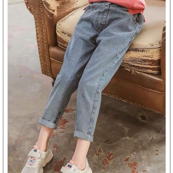 

jeans 2021 autumn winter teenage girls casual fashion loose kids leg wide pants school children denim trousers d347, Blue