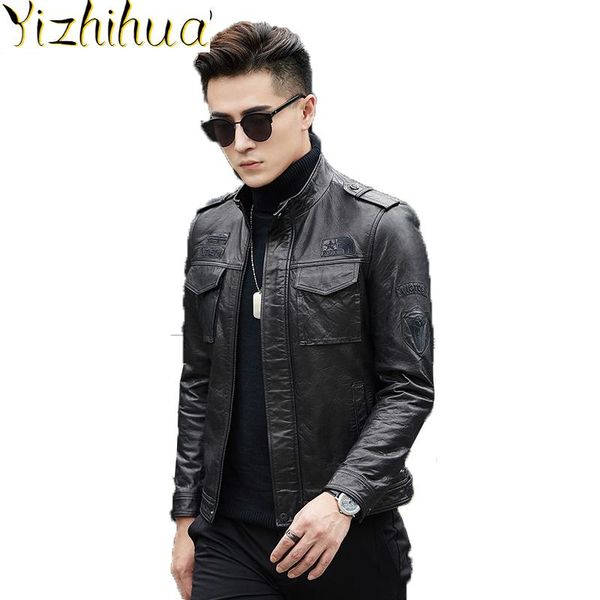 

men's leather & faux azazel genuine jacket men short sheepskin coat motorcycle bomber slim korean 2858 kj2623, Black