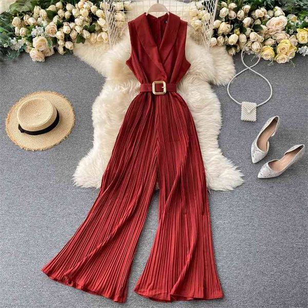

women retro fashion suit collar sleeveless high waist slim wide leg jumpsuits solid color overalls p208 210527, Black;white