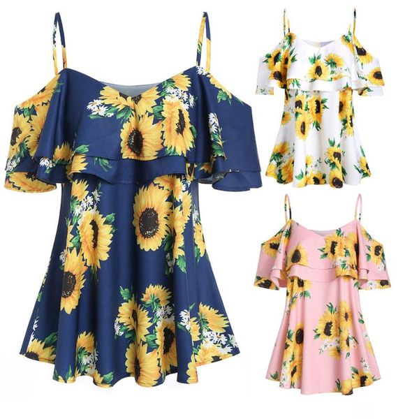 

women's blouses & shirts feitong fashion plus size women blouse shirt sunflower printed camis short sleeve ruffles cold shouder streetw, White