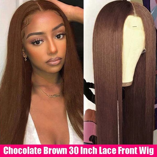 30 inç düz dantel ön peruk bebek saçlı çikolata kahverengi renk sentetik peruk amerikan kadınlar için günlük giyim