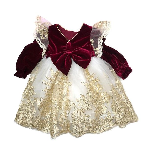

girl's dresses toddler girls lolita dress for kids with bows xmas velvet party gown children embroidery vintage formal vestido clothing, Red;yellow