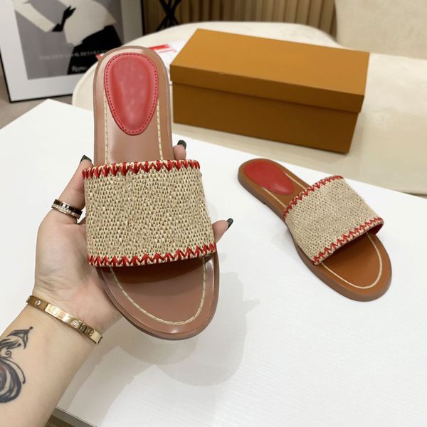 

lock it slipper womens slippers summer flat sandals beach slides ladies flip flops straw embroidered floral shoesfactory footwear, Black