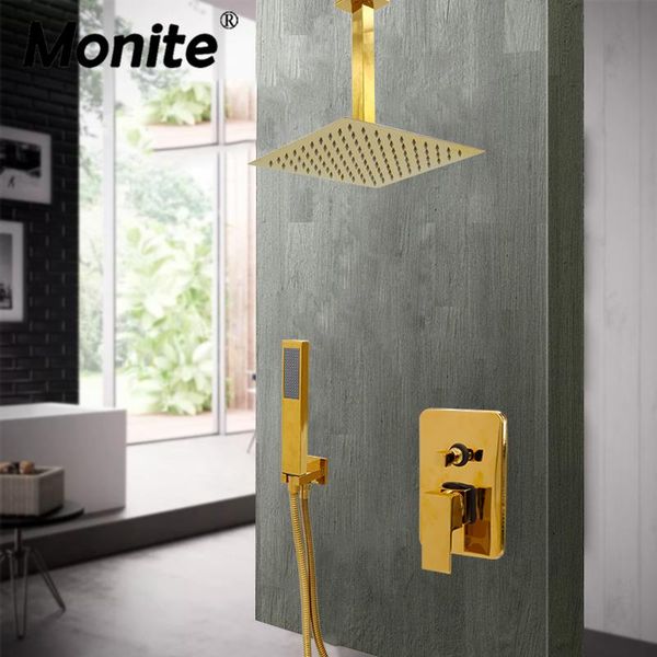 

monite 8 inch gold brass wall ceiling mount rainfall shower set faucet bathroom adjust height handheld bathtub mixer tap sets