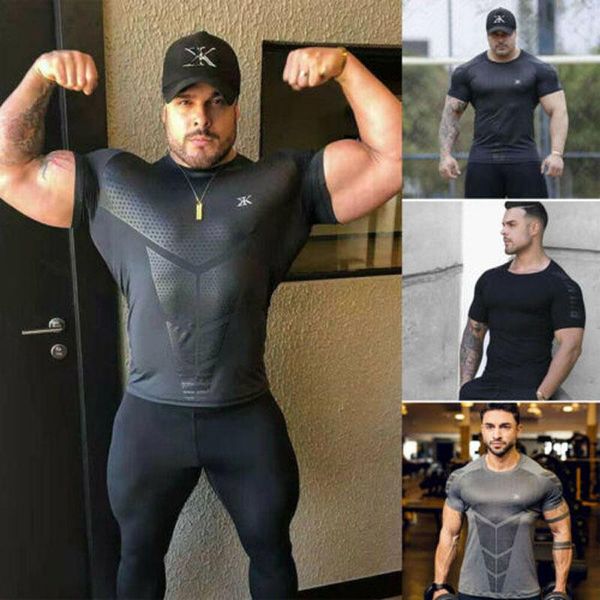 

brand fashion men's fitness athletic quick drying elastic t-shirt short sleeve bodybuilding t-shirts, White;black
