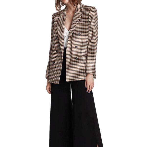 

women's jackets women button down blazer long sleeve notch turn collar plaid print loose fitting with pockets daily office khaki, Black;brown