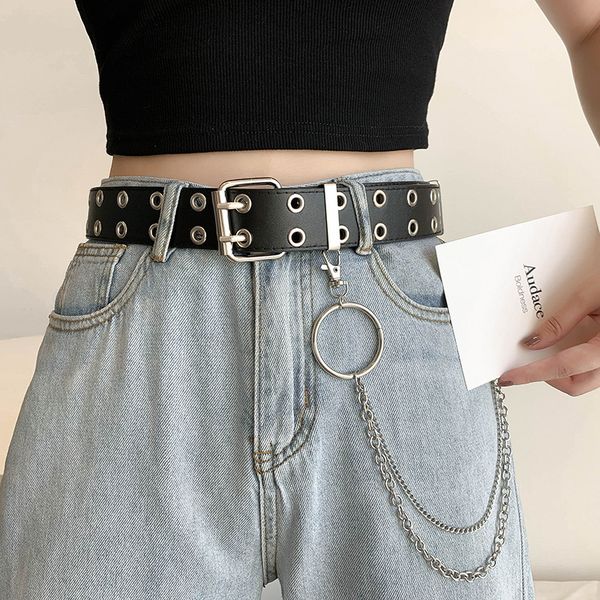 

women double rij chaining belt new punk pu black tail tape fashion women jeans decorative 100cm solid 2021 digner9nns, Black;brown