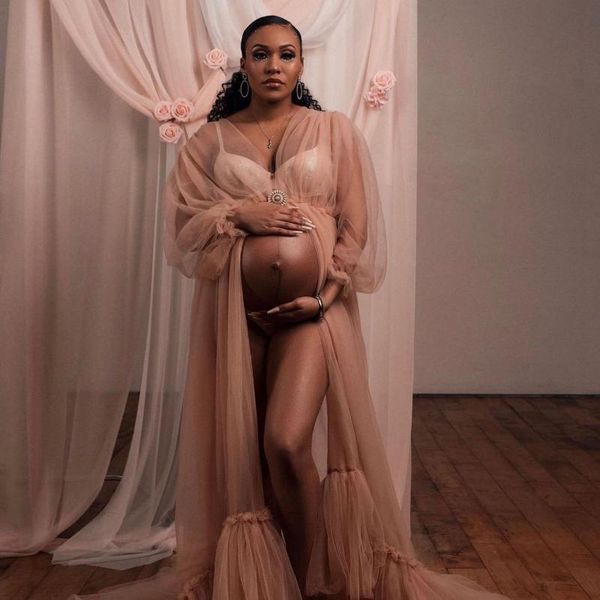 

see thru tulle ruffles maternity women robe long a-line dress for pregnant to po shoot illusion puffy sleeves casual dresses, Black;gray