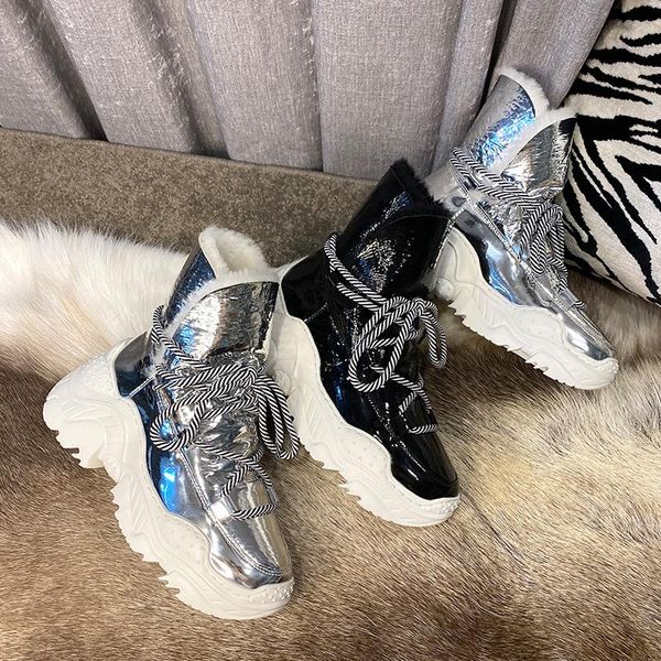 

boots winter platform women shoes snow botas de mujer casual femmes bottes shearling chaussures warm lace up buty damskie, Black