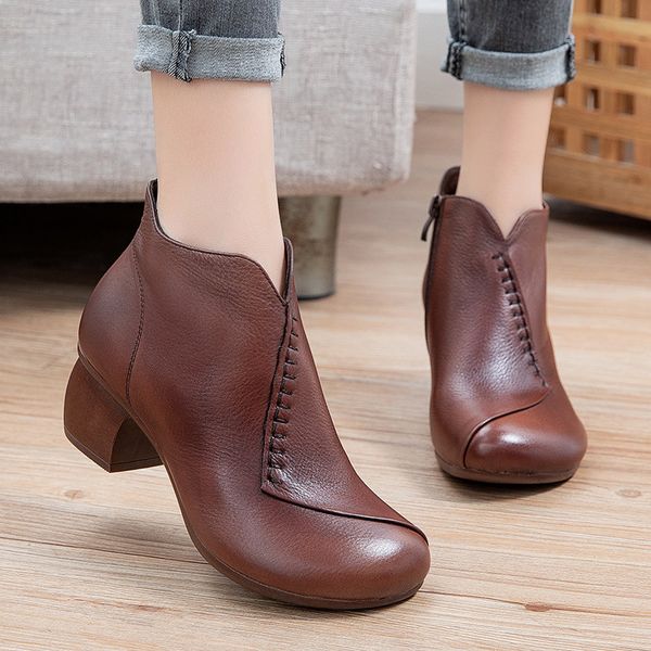 

autumn and winter national style leather round head mid heel short boots women's non slip soft sole single martin, Black