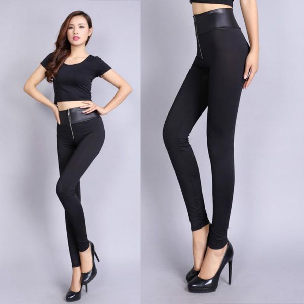 

women's leggings 2021 women high waist zipper autumn creative fashion milk silk matte imitation leather stitching solid color pants, Black