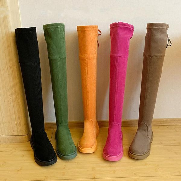 

boots fashion over the knee women stretch orange green pink 2021 winter slip on platform rubber black boot