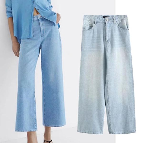 

women's jeans dave&di enlgand style high street vintage wide leg woman washed loose casual waist boyfriend for women, Blue