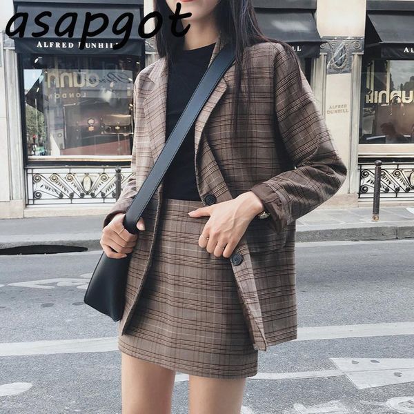

korean spring autumn loose england style casual temperament plaid skirt suits female a line blazer & vintage two piece dress, White
