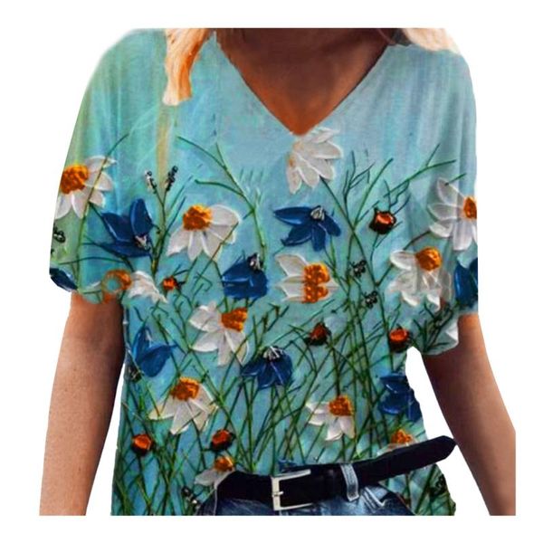 

women's blouses & shirts v neck fashion colorful flowers printed short-sleeved harajuku casual vintage femme shirt, White