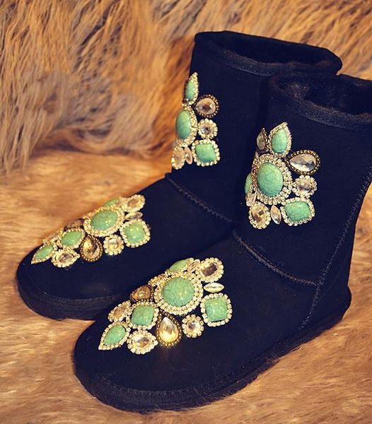 

slippers leather super flash rhinestone luxury mid-tube snow boots cotton, Black