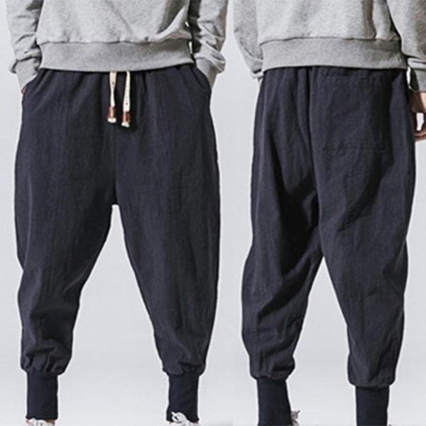 

men's pants men summer style harem baggy casual loose drawstring drop-crotch pockets streetwear trousers for daily wear, Black