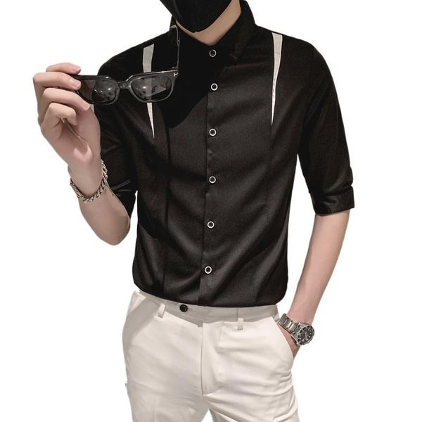 

men's casual shirts 2021 young men splicing fashion lapel short-sleeved high street shirt slim fit male, White;black