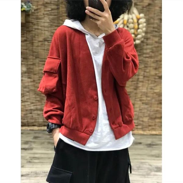 

women's jackets women 2021 spring autumn fashion v-neck loose coats female short big pocket ladies hoodie sweatshirt overcoats w185, Black;brown