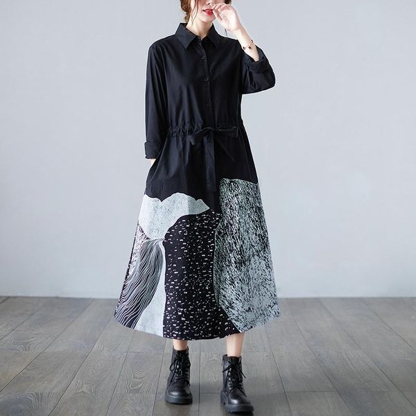 

casual dresses japanese style yamamoto dark black street fashion blouse dress print long sleeve autumn women spring midi, Black;gray
