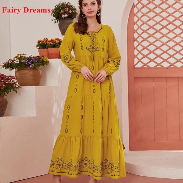 

arabian women's fashion abaya solid color embroidery stitching folds muslim big swing dress ethnic middle east lady's clothing, Red