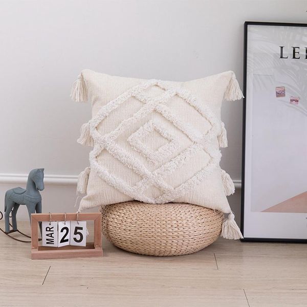 

cushion/decorative pillow handmade cushion cover with tassels 45x 45cm beige boho decor moroccan style seat pillowcase drop