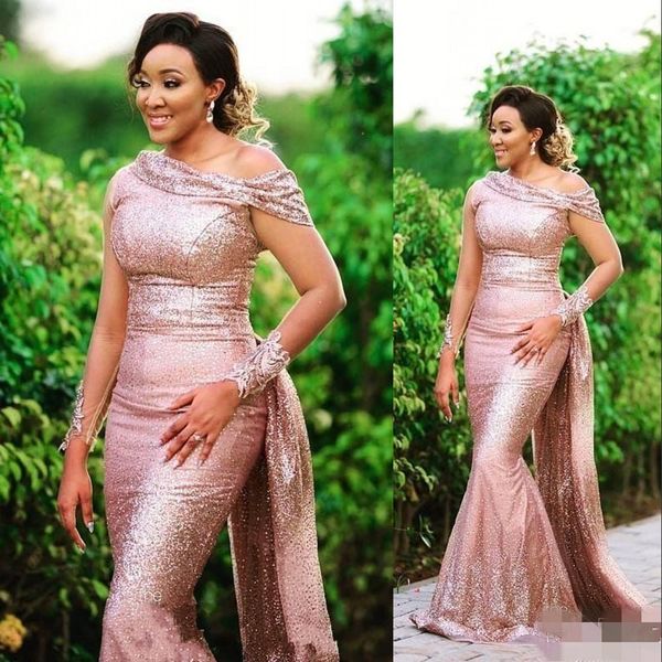 2021 oro rosa paillettes pizzo sexy arabo Dubai abiti da ballo spalle paillettes sirena maniche lunghe overskirts plus size abiti da sera del partito