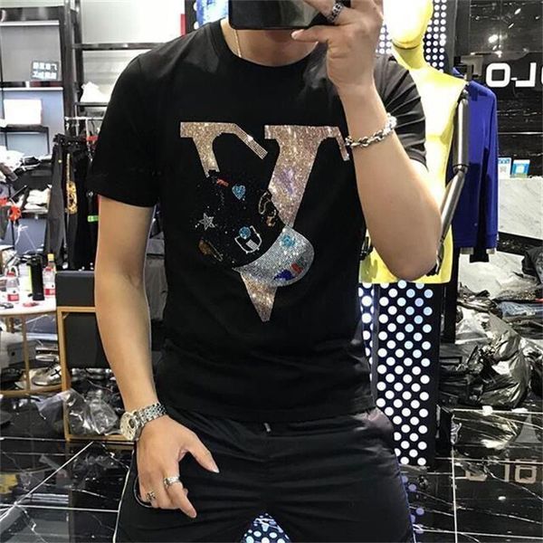 

men's t-shirts t-shirt rhinestone personality summer fashion brand mercerized cotton short sleeve round neck tees male top, White;black