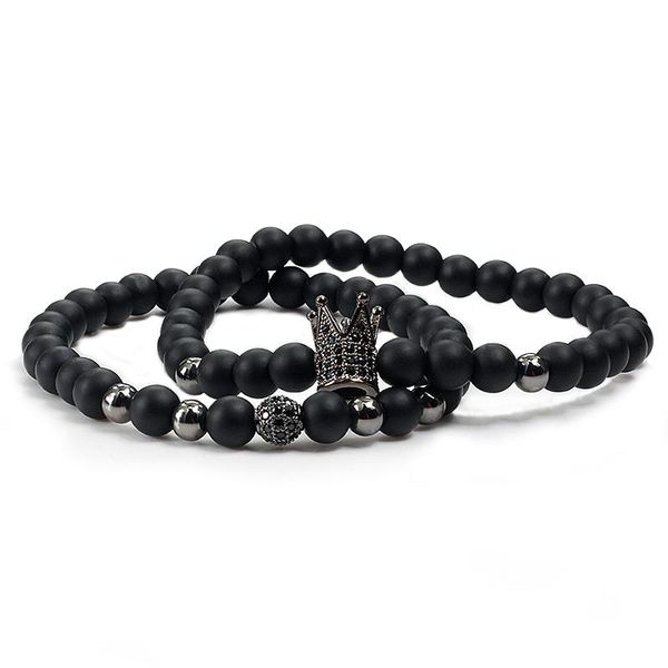 

2pcs/set rose gold cz pava crown ball couple distance bracelets charm women men matte black natural stone beads bracelet jewelry beaded, str