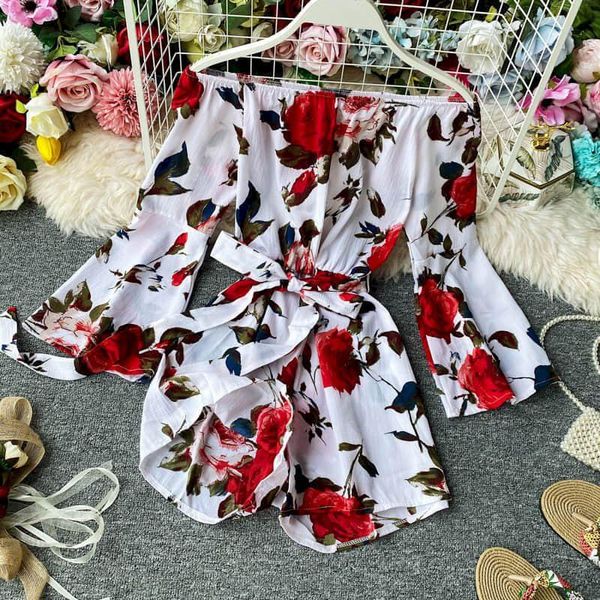 

women summer jumpsuit plus size floral print bohemian korean version leisure sweet long sleeve slash neck rompers girl women's jumpsuit, Black;white