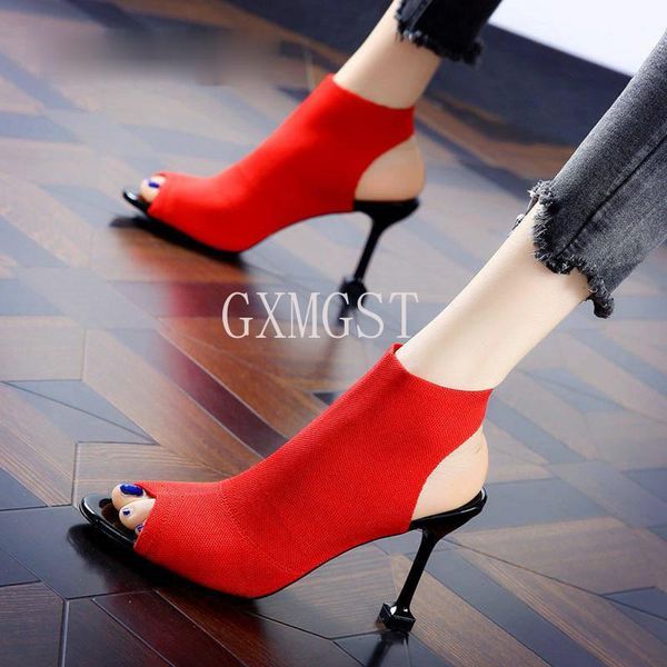 

2021knitted elastic mesh peep toe high heel sandals women summer shoes woman europe thin heels slip-on open female, Black