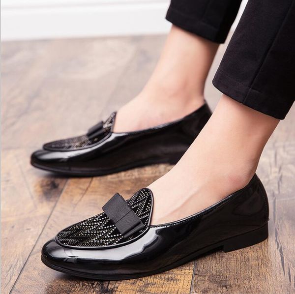

large size 38-44 classic men patent leather shoes black bow tie dress shoes luxury rhinestone men loafers casual shoes
