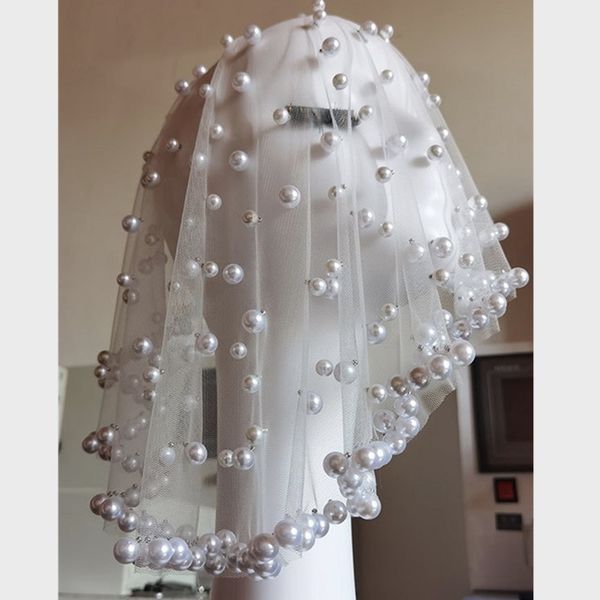 

new pearls wedding veil short design single bride's veil face length without comb in stock, Black