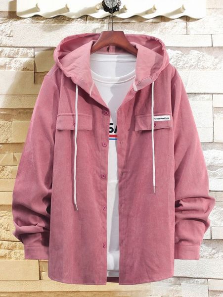 

men corduroy letter patched drawstring hooded coat o9zr#, Black;brown