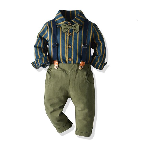 

spring and autumn children's wear two piece suit of striped shirt and suspender for boys, Blue